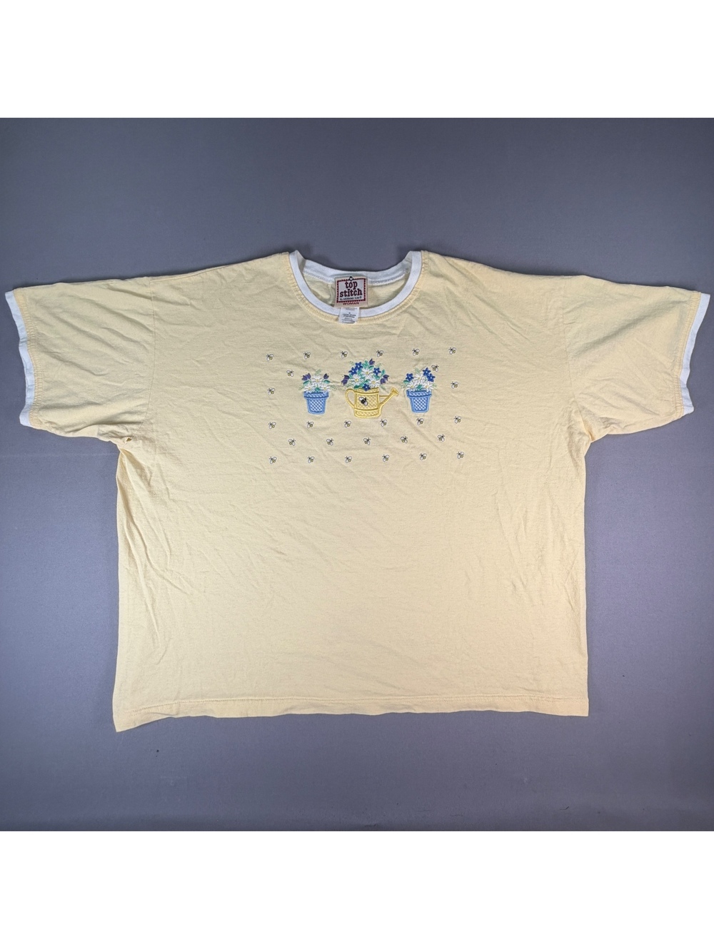VTG Top Stitch Morning Sun Shirt Womens 3X Yellow Floral Bee Ringer Made USA